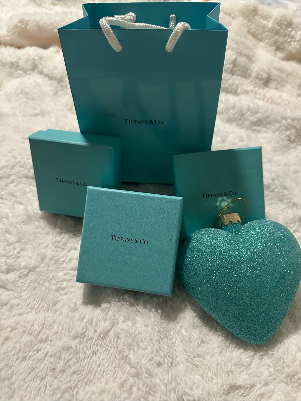 Tiffany & Co. Blue Gift Bag, Boxes and Glitter Heart Ornament (bonus)